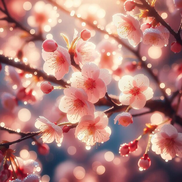 Hyperrealistisch beeld kleurrijke lente sakura kersenbloesem festival ochtend dauw zonsondergang hanami uitzicht