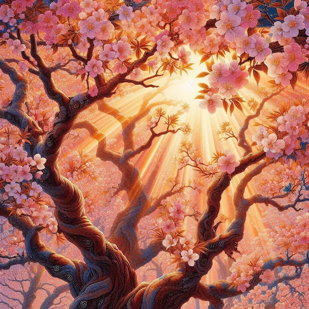 PSD hyperrealistisch beeld kleurrijke lente sakura kersenbloesem festival ochtend dauw zonsondergang hanami uitzicht