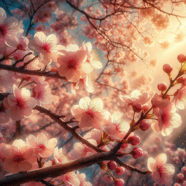 PSD hyperrealistisch beeld kleurrijke lente sakura kersenbloesem festival ochtend dauw zonsondergang hanami uitzicht