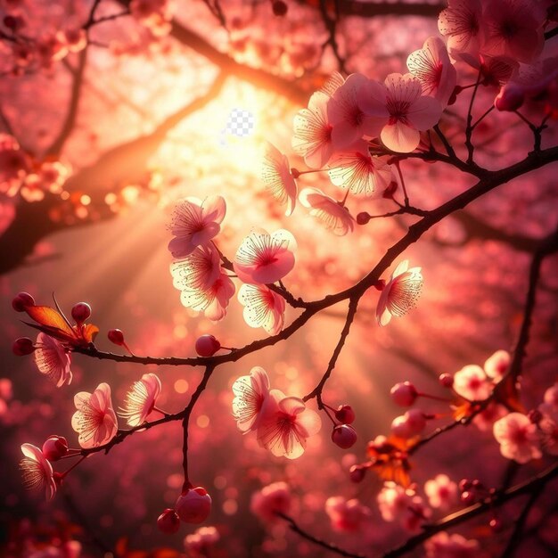 PSD hyperrealistisch beeld kleurrijke lente sakura kersenbloesem festival ochtend dauw zonsondergang hanami uitzicht