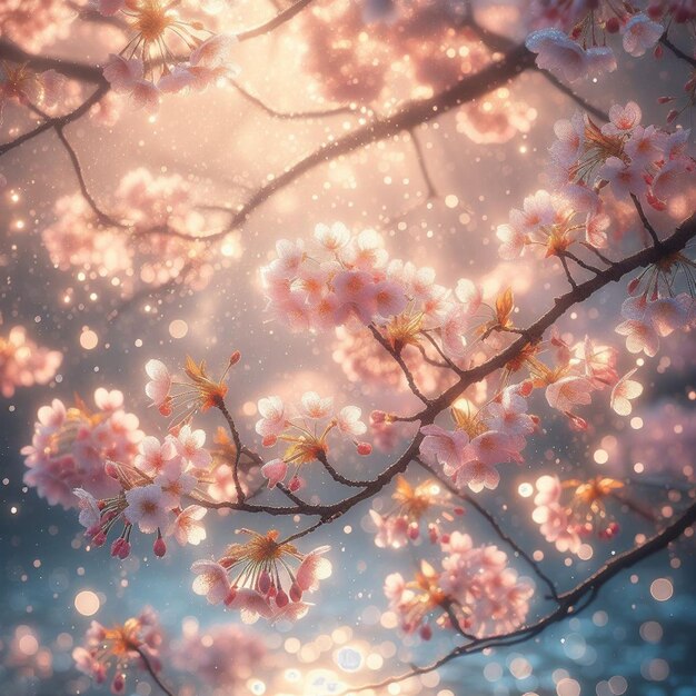 PSD hyperrealistisch beeld kleurrijke lente sakura kersenbloesem festival ochtend dauw zonsondergang hanami uitzicht