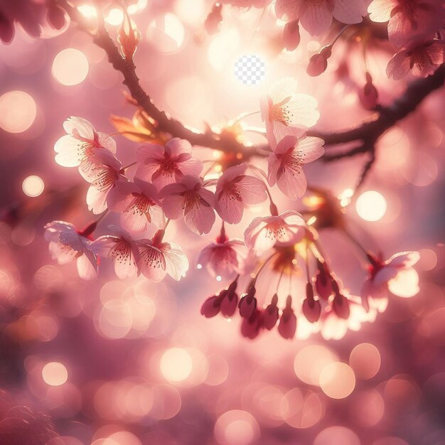 PSD hyperrealistisch beeld kleurrijke lente sakura kersenbloesem festival ochtend dauw zonsondergang hanami uitzicht