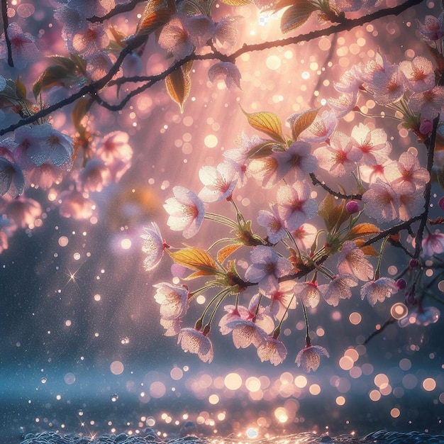 PSD hyperrealistisch beeld kleurrijke lente sakura kersenbloesem festival ochtend dauw zonsondergang hanami uitzicht