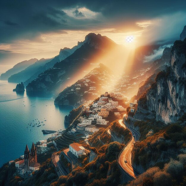PSD hyperrealistisch landschap panorama uitzicht italiaanse amalfi kust sunsext strand dorp gouden uur