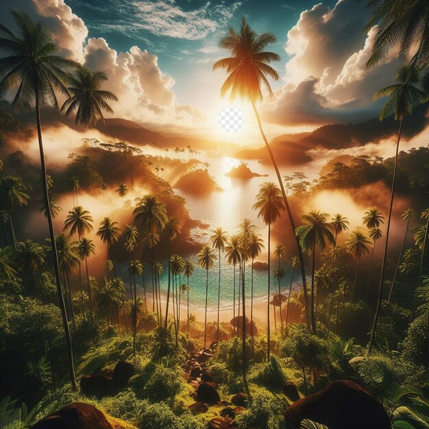 PSD hyperrealistisch landschap uitzicht tropisch zonsondergang strand eiland palm strand caribbean flair vakantie