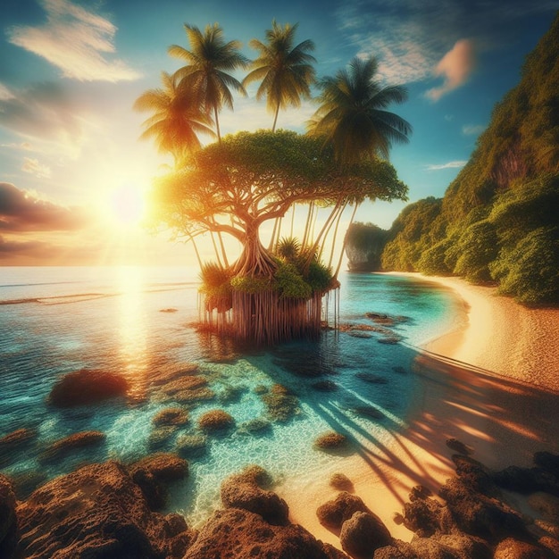 PSD hyperrealistisch landschap uitzicht tropisch zonsondergang strand eiland palm strand caribbean flair vakantie