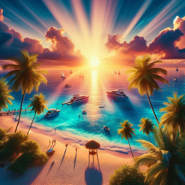 PSD hyperrealistisch landschap uitzicht tropisch zonsondergang strand eiland palm strand caribbean flair vakantie