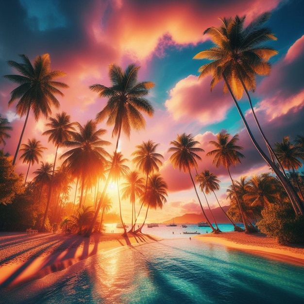 PSD hyperrealistisch landschap uitzicht tropisch zonsondergang strand eiland palm strand caribbean flair vakantie