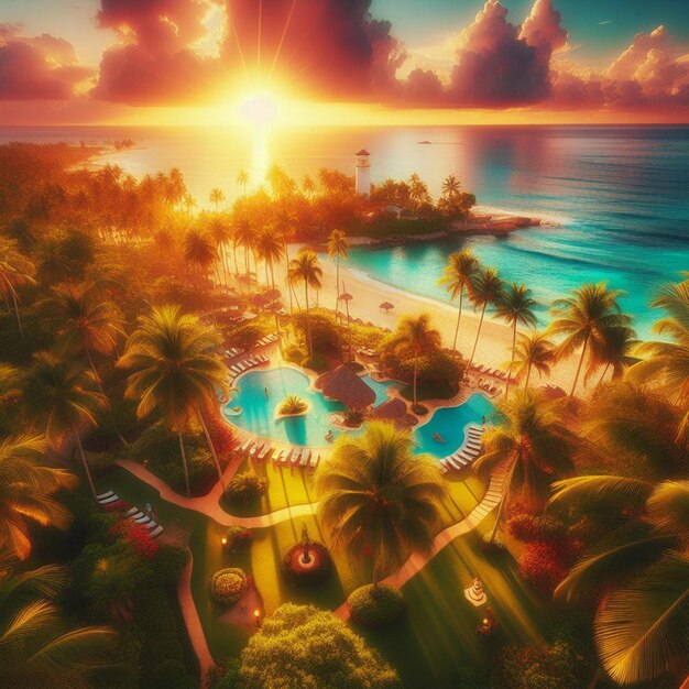 Hyperrealistisch landschap uitzicht tropisch zonsondergang strand eiland palm strand caribbean flair vakantie