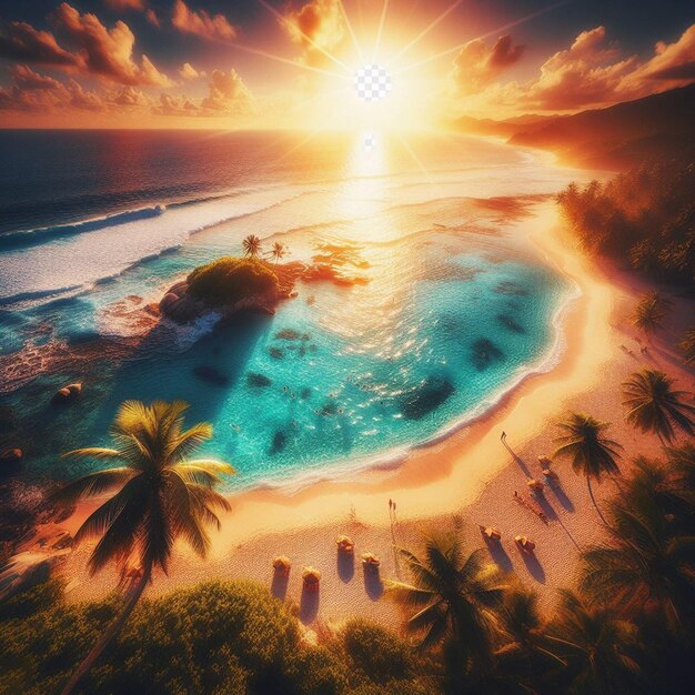 PSD hyperrealistisch landschap uitzicht tropisch zonsondergang strand eiland palm strand caribbean flair vakantie