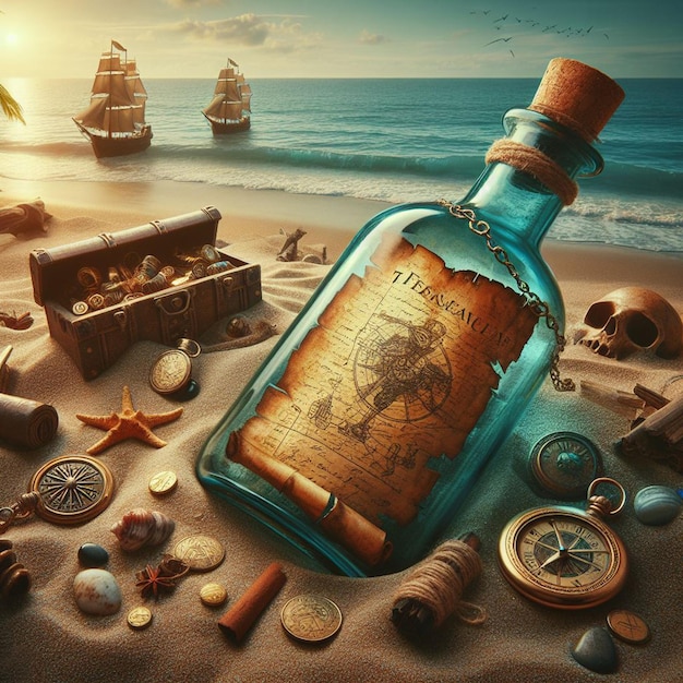 PSD hyperrealistisch levendige caribische tropische boodschap in een fles piraten schat strand zonsondergang