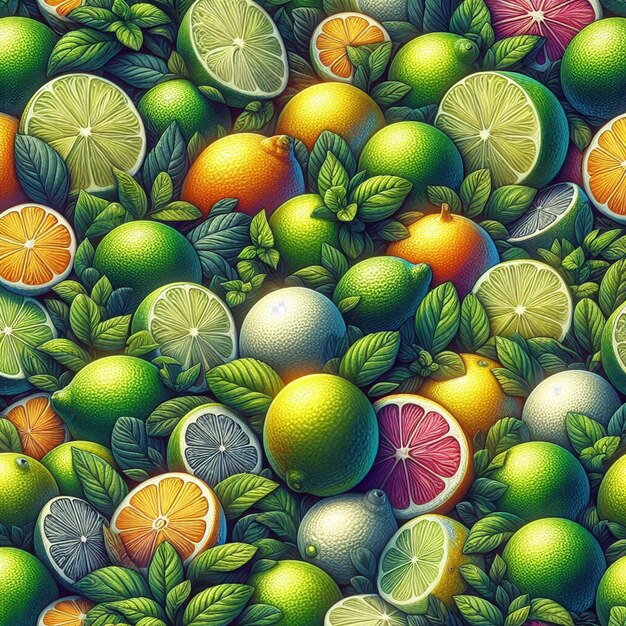 PSD hyperrealistisch naadloos tropisch fruitig groen geel rood citroen limoenen fruit textuur patroon stof