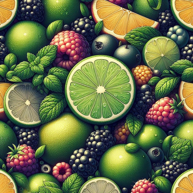 PSD hyperrealistisch naadloos tropisch fruitig groen geel rood citroen limoenen fruit textuur patroon stof