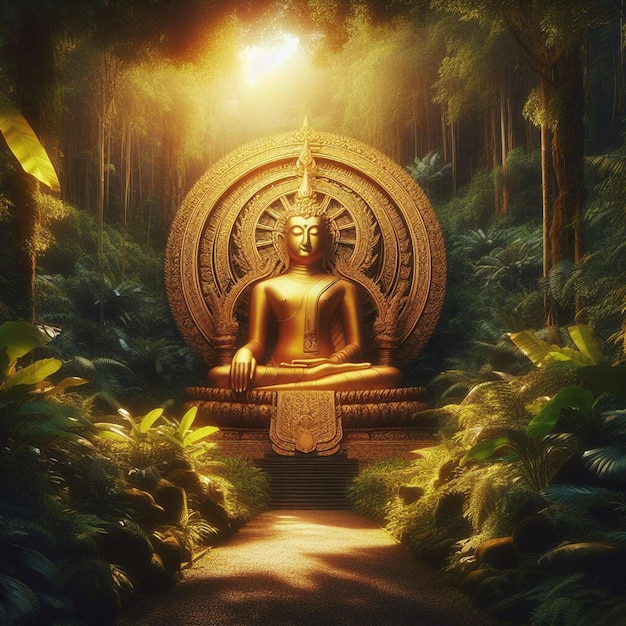 PSD hyperrealistisch portret van een heilige gouden boeddha-sculptuur op de levendige jungle-achtergrond.