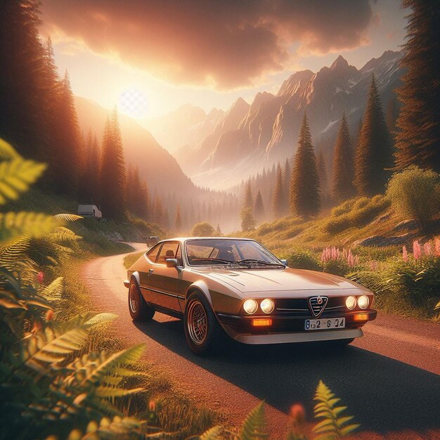 PSD hyperrealistisch portret van een klassieke alfa romeo auto poster behang illustratie