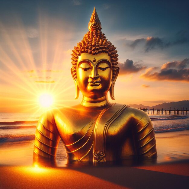 Hyperrealistisch portret van heilige heilige gouden Boeddha beeldhouwwerk strand zonsondergang achtergrond zeesand.