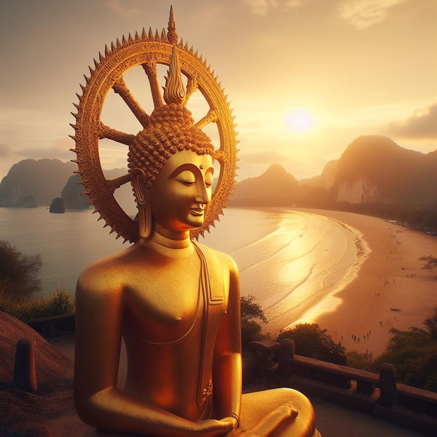 PSD hyperrealistisch portret van heilige heilige gouden boeddha beeldhouwwerk strand zonsondergang achtergrond zeesand.