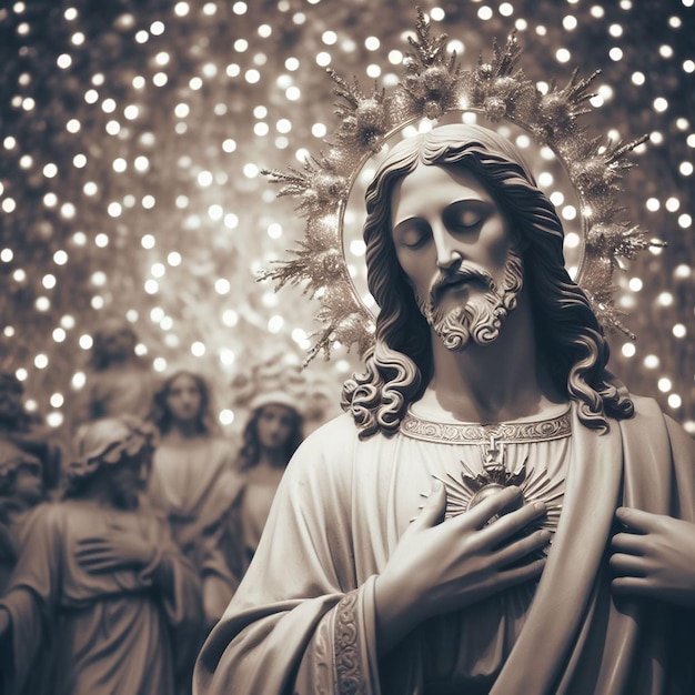 PSD hyperrealistisch portret van het heilige heilige geliefde jezus standbeeld en gezicht met levendige achtergrondlichten.