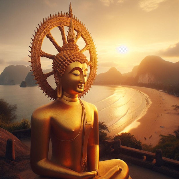 PSD hyperrealistisch portretbeeld majestueus kleurrijk heilig gouden boeddha standbeeld op het strand achtergrond