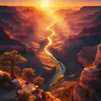 PSD hyperrealistisch uitzicht op het levendige gouden landschap van de grand canyon met achtergrondlichten bij zonsondergang.