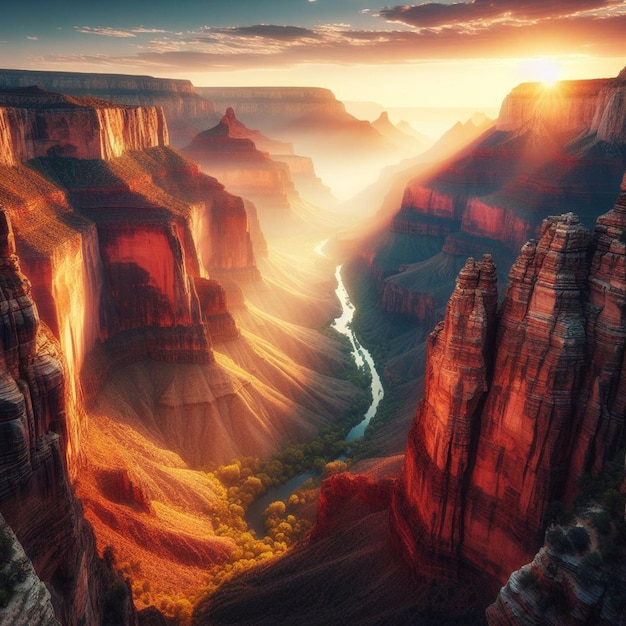 PSD hyperrealistisch uitzicht op het levendige gouden landschap van de grand canyon met achtergrondlichten bij zonsondergang.