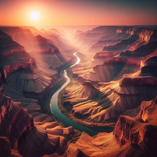 Hyperrealistisch uitzicht op het levendige gouden landschap van de grand canyon met achtergrondlichten bij zonsondergang.