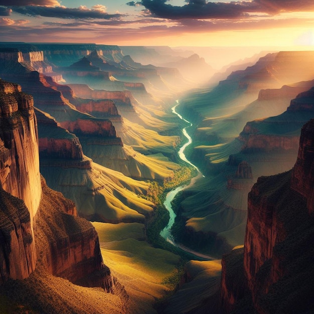 Hyperrealistisch uitzicht op het levendige gouden landschap van de Grand Canyon met achtergrondlichten bij zonsondergang.