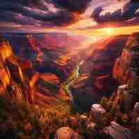 PSD hyperrealistisch uitzicht op het levendige gouden landschap van de grand canyon met achtergrondlichten bij zonsondergang.