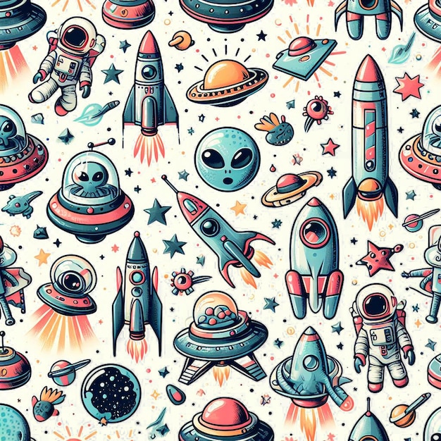 Hyperrealistische naadloze ruimte kleurrijke vector patroon textuur stof raketten ufo astronauten buitenaardse