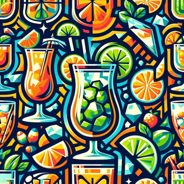 PSD hyperrealistische naadloze tropische kleurrijke vector patron textuur stof cocktail citroen drank