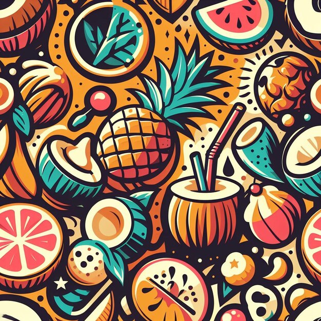 Hyperrealistische naadloze tropische kleurrijke vector patron textuur stof kokosnoot fruit palmboom