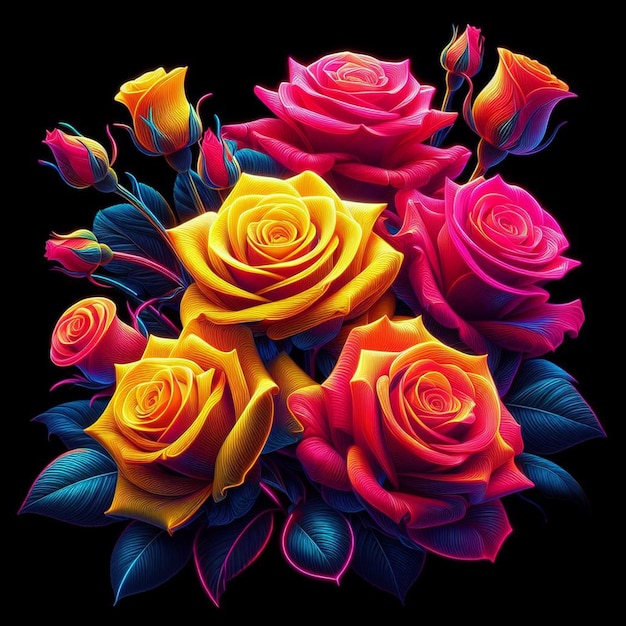 PSD hyperrealistische neon gekleurde cyan magenta gele boeket rozen bloemen transparante achtergrond foto