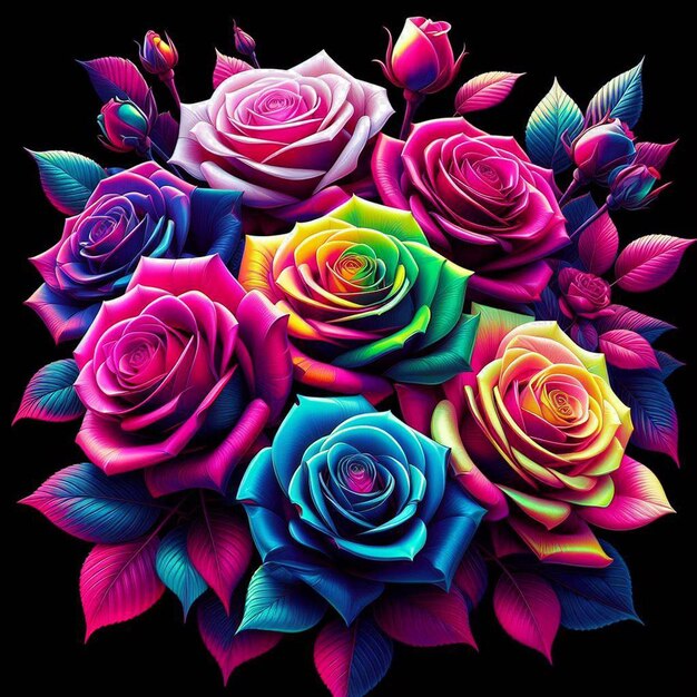 PSD hyperrealistische neon gekleurde cyan magenta gele boeket rozen bloemen transparante achtergrond foto