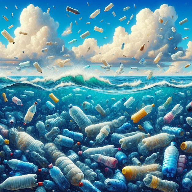 Hyperrealistische vector art marien afval plastic vervuiling zee stortplaats vuilnis lelijk klimaat