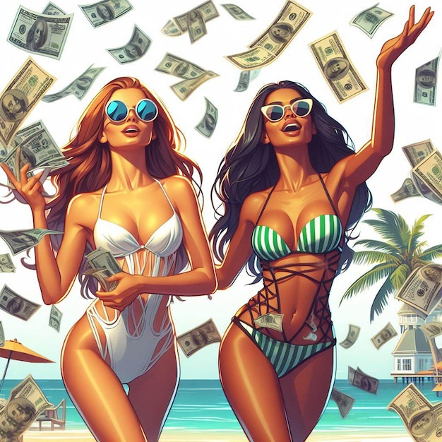 PSD hyperrealistische vector art mooie vrouw bikini winkelen koningin verspilling geld dollar behang