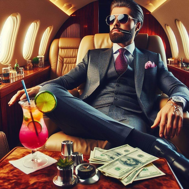 PSD hyperrealistische vector illustratie van mafiosi zit in een privéjet in een zakenpak cocktail