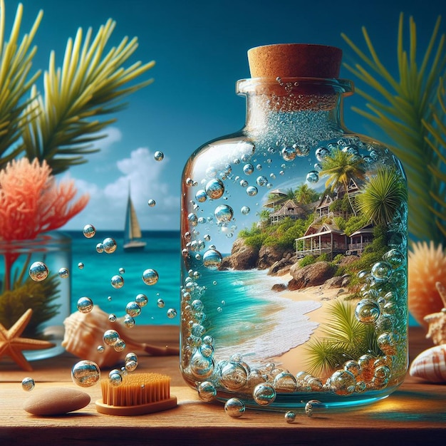 PSD hyperrealistische vectorkunst caribische boodschap in een fles strandscène zonsondergang palmbomen behang