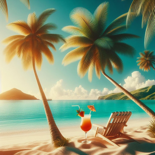 PSD hyperrealistische vectorkunst illustratie caribische kokospalmboom strand zonsondergang poster achtergrond