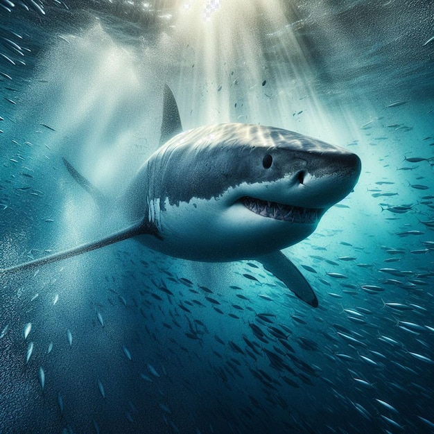PSD hyperrealistische vectorkunst illustratie poster grote witte haai blauwe zee portret kaak open water