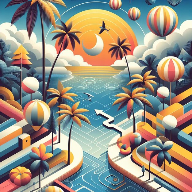 PSD hyperrealistische vectorkunst illustratie tropische caribische palm kokosnoot palmboom strand zonsondergang poster