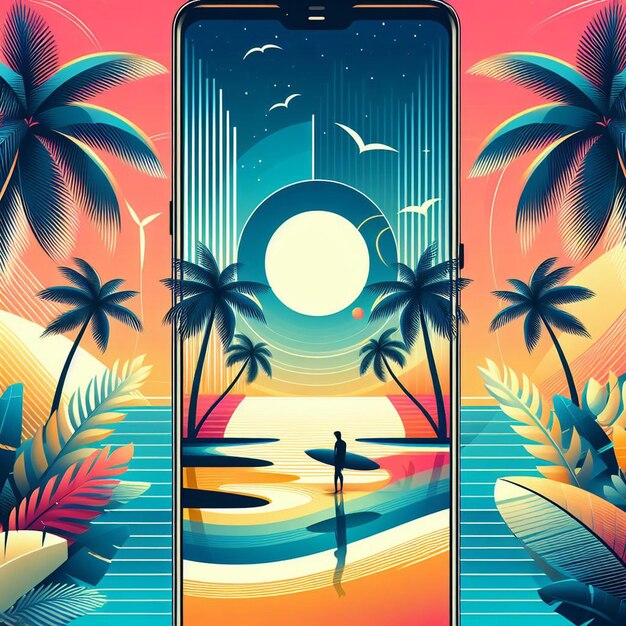 PSD hyperrealistische vectorkunst illustratie tropische caribische palm kokosnoot palmboom strand zonsondergang poster