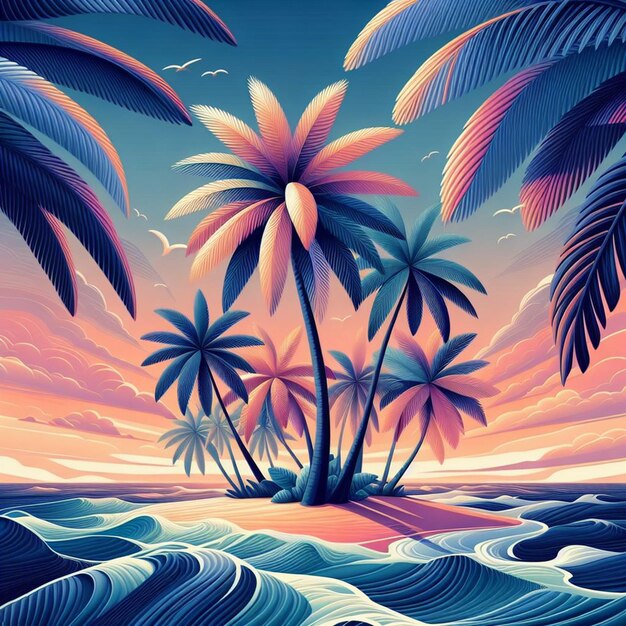 PSD hyperrealistische vectorkunst illustratie tropische caribische palm kokosnoot palmboom strand zonsondergang poster