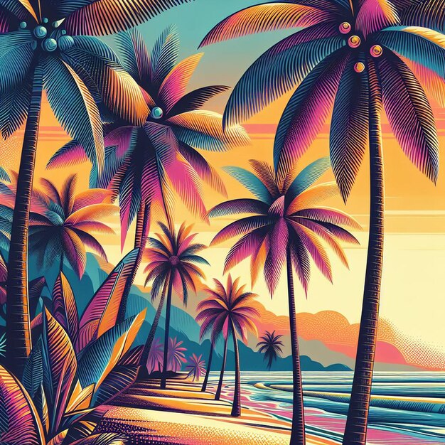 Hyperrealistische vectorkunst illustratie tropische caribische palm kokosnoot palmboom strand zonsondergang poster
