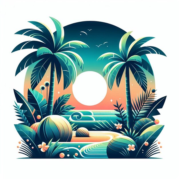 PSD hyperrealistische vectorkunst illustratie tropische caribische palm kokosnoot palmboom strand zonsondergang poster