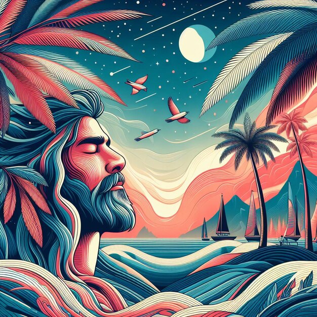 PSD hyperrealistische vectorkunst illustratie tropische caribische palm kokosnoot palmboom strand zonsondergang poster