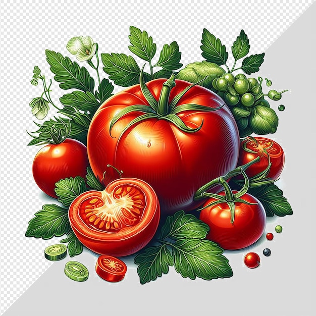 Hyperrealistische vectorkunst illustratie van rode smakelijke groente tomaten geïsoleerde doorzichtige achtergrond
