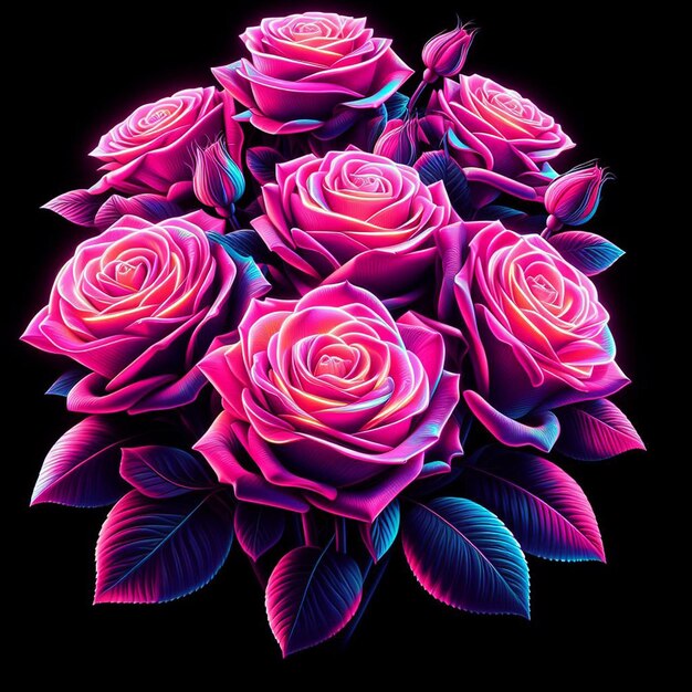 PSD hyperrealistische vectorkunst trendy feestelijk roze boeket neon gekleurde rozen bloemen geïsoleerd zwart