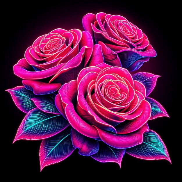 PSD hyperrealistische vectorkunst trendy feestelijk roze boeket neon gekleurde rozen bloemen geïsoleerd zwart