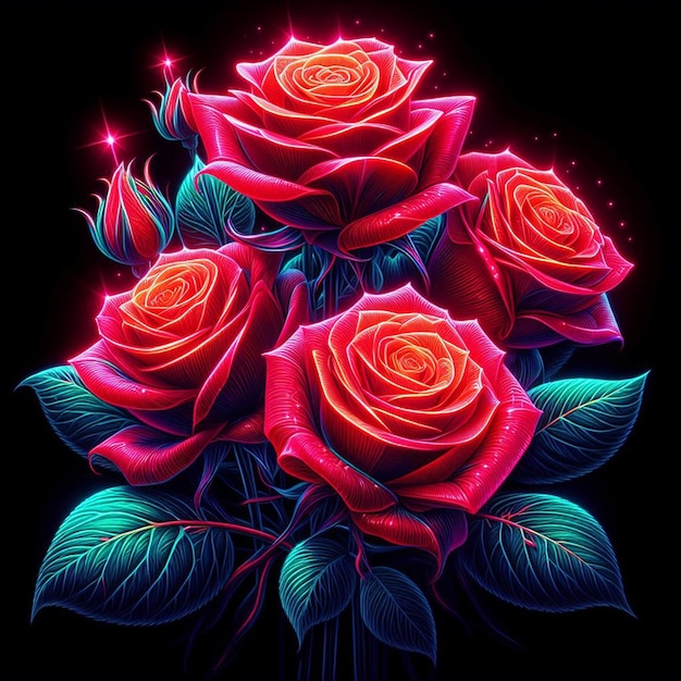 PSD hyperrealistische vectorkunst trendy feestelijke rode boeket neon gekleurde rozen bloemen geïsoleerd zwart