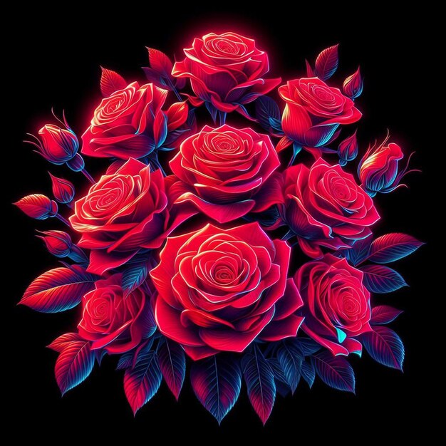 PSD hyperrealistische vectorkunst trendy feestelijke rode boeket neon gekleurde rozen bloemen geïsoleerd zwart